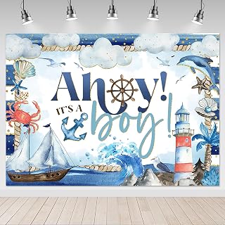 Mocsicka Ahoy Boy Baby Shower Backdrop Nautical Party Decorations Ocean Ship Anchor Coral Seashell Photography Background (7x5ft)