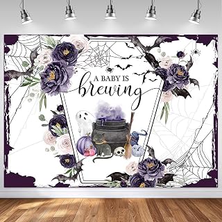 Mocsicka Halloween Baby Shower Backdrop, Purple, 7x5ft (82''x60'') | A Baby is Brewing Theme, Watercolor Flower Coffin Vampire Bat Design, Baby Sprinkle Banner