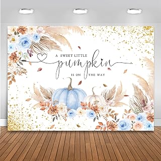 Mocsicka Pumpkin Backdrop for Girl Boy Autumn Fall Baby Shower Party Decorations Boho Blush Floral A Little Pumpkin is On The Way Baby Shower Cake Table Banner (Blue, 10x8ft(120''x96''))