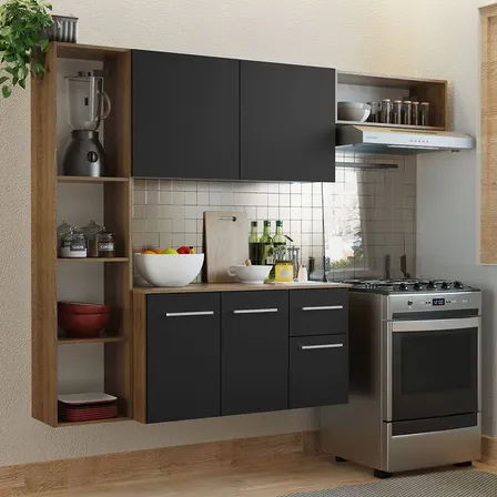 Modular Aparador Flotante Kit De Cocina Compacto 180cm Easy Marr&oacute;n/negro