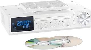 MONODEAL Bluetooth CD Player,Under Cabinet Kitchen FM Radio CD Player White | Dual HD Speakers,Wireless Music System with LED Light,Remote Control,Kitchen Timer,Dual Alarm Clock