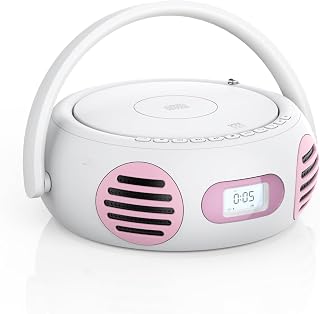 MONODEAL CD Player Portable with Bluetooth, Boombox CD Players for Home | Stereo Sound & Bass Boost, FM Radio, USB/AUX Playback, LED Handle Light, Rechargeable Battery for Gift(Blush Pink)