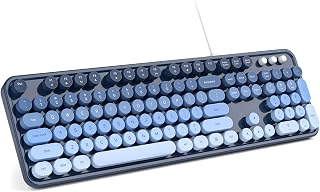 MOWUX Computer Keyboard Wired, Plug and Play USB Retro Round Typewriter Keyboard, Full Size Wired Keyboard with Foldable Stands for Laptop and Office PC- Sea Blue Gradient