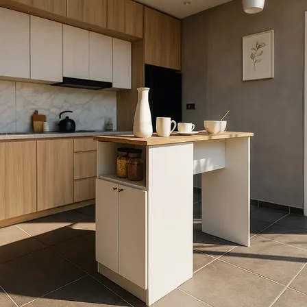 MUEBLE BARRA DESAYUNADORA ISLA RECIBIDOR COCINA FUNCIONAL Mesada 2 Puertas Estantes Cocobolo Blanco Melamina HOME COLLECTION