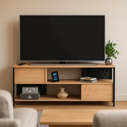 Mueble Para Tv Rack Living Industrial Roble Kendal Metales En Negro Apto Tv 55'' 2 Puertas 1 Estante Abierto Melamina Patas De Hierro Aparador Bajo Para Playstation Organizaci&oacute;n Rpb130 Dielfe