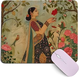 Mughal Garden Mouse Pad,Retro Indian Woman Desk Pad for Computers Laptop,Vintage Indian Style Desk Decor for Office Home Dorm,10.2x8.2Inch