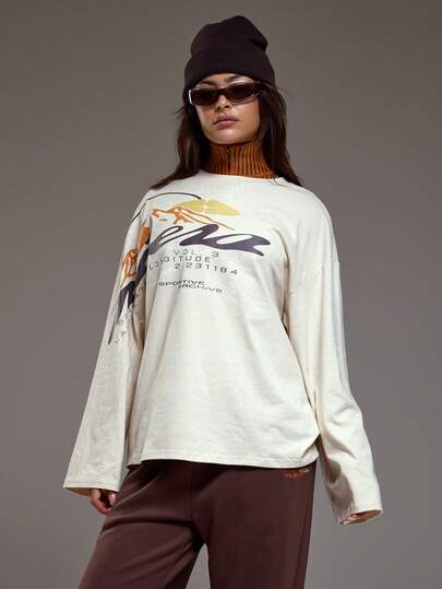 MUSERA Oversized Mountain Map Graphic Long Sleeve Top Coolgirl Cosy Cute Outdoors Explorer Spring Graphic Tee Summer Holiday Casual Fall Autumn Winter