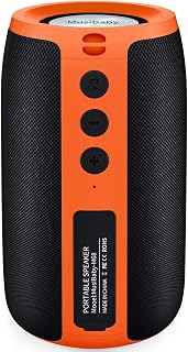 Musibaby M68 12W Portable Speaker with Fuller Bass, Orange Black | Bluetooth 5.3 with USB and TF card playback, AUX input and FM radio; IPX5 splash resistance for garages, grilling and patios.