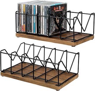 MyGift 2 Pcs CD Rack Stand Holder, DVD Tower, Tabletop Compact Disc Case Organizer Storage - Holds 50 Jewel Cases, Vintage Rustic Burnt Solid Wood and Matte Black Metal