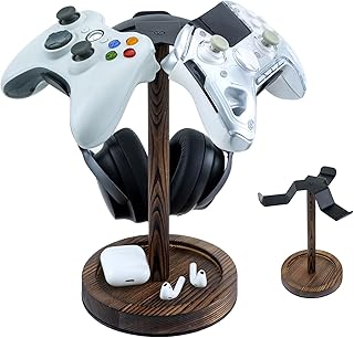 MyGift Industrial Matte Black Metal Headphone Stand with Burnt Wood Tray &ndash; Desktop Headset and Gaming Controller Holder for Office, Studio, or Console Setup