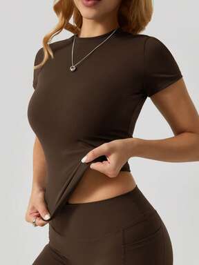 NcmRyu pc Women's Solid Color Elastic Fitted Casual Sports Short Sleeve Top Summer $9.97 Flash Sale
