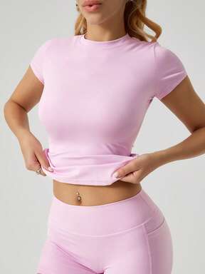 NcmRyu Women's Solid Color Stretchy Slim Fit Workout T-Shirt Yoga Gym Running Sports Top Casual Daily Wear Tee  Flash Sale