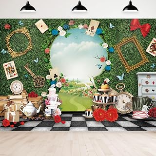 Newborn Baby Shower Wonderland Tea Party Key Hold Photography Backdrop | 7Wx5H Checkerboard Green polyester photo backdrop, clear print, folded for storage and easy party setup