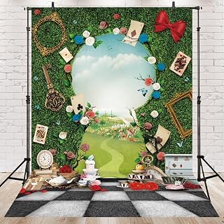 Newsely Wonderland Green Fence Tea Backdrop 5Wx7H Photography Fairy Tale Checkerboard Grass Key Kids Floral Plant Background for Baby Shower Party Decorations Banner Photo Booth Props Supplies