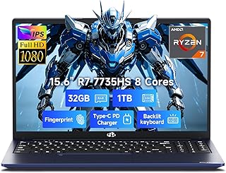 NIMO 15.6" FHD Light Gaming-Laptop, AMD Ryzen 7 7735HS 32GB DDR5 RAM 1TB SSD((8C/16T,Beat i7-12650H),Radeon 680M Computer for Content Creators Designers AI Tasks Streaming,100W Fast PD 2-Yr-Warranty