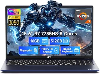 NIMO 15.6" Light-Gaming-Laptop, AMD Ryzen 7 7735HS, 8 Cores 16GB DDR5 512GB SSD, Radeon 680M Laptop for Content Creators Designers with 100W PD WiFi 5E Backlit KB Fingerprint, 2-Yr-Warranty 180&deg; View