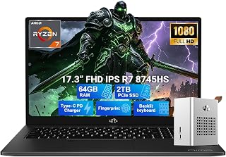 NIMO 17.3" Light-Gaming-Laptop, AMD Ryzen 7 8745HS 64GB DDR5 2TB SSD Radeon 780M, Fingerprint FHD PC w/eGPU Dock with RX 7600M XT 8GB GDDR6 for Video Editing, AI Tasks, Remote Streaming, 2-Yr Warranty