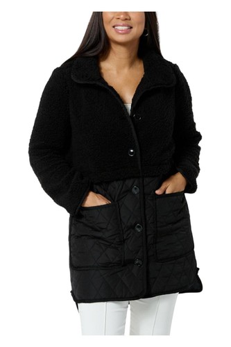 Nina Leonard Women's Collared Sherpa to Quilted Jacket Black