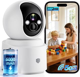 Noonkey Battery Powered Wireless Indoor Security Camera, 4MP HD Pan/Tilt Pet Camera w/ 6000mAh Rechargeable, 5G&2.4G WiFi 6,Motion Detection, Color Night Vision, 2-Way Talk, Home/Pet/Baby Monitoring