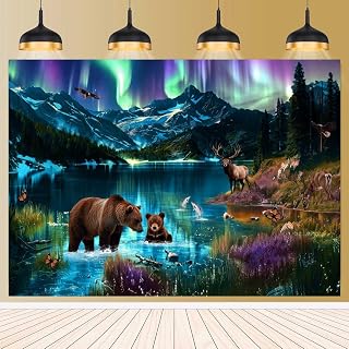 Northern Lights Arctic Adventure Backdrop for Photography Polar Animals Wilderness Aurora Snow Campfire Camping Photography Background Wilderness Exploration Party Decorations Banner 9x6ft