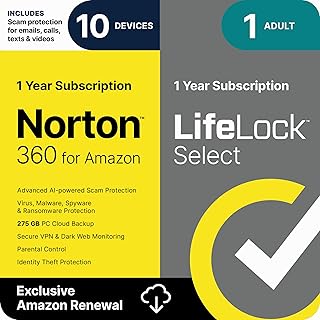 Norton 360 with LifeLock Select Bundle, 1 Year Subscription - 10 Devices - All-in-One Protection for your Devices, Online Privacy, and Identity, Activation Required [Subscription]