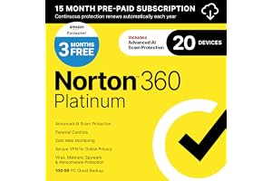 Norton 360 Platinum, Antivirus software for 20 Devices with Auto-Renewal &ndash; 3 Months FREE - Includes Advanced AI Scam Protection, VPN, Dark Web Monitoring & PC Cloud Backup [Download]