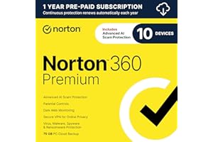 Norton 360 Premium, Antivirus software for 10 Devices with Auto-Renewal &ndash; Includes Advanced AI Scam Protection, VPN, Dark Web Monitoring & PC Cloud Backup [Download]