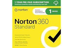 Norton 360 Standard, Antivirus software for 1 Device with Auto-Renewal &ndash; Includes Advanced AI Scam Protection, VPN, Dark Web Monitoring & PC Cloud Backup [Download]