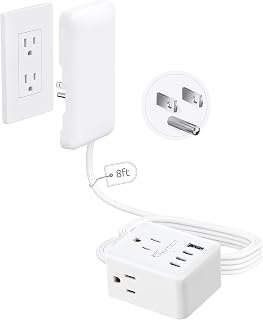 NUTICT 8FT Extension Cord with Ultra-Thin Outlet Cover, Flat Plug Power Strip with 3 Outlets & 3 USB-C & 1 USB-A Port, Wall Mountable, Hide Bulky and Messy Cords Behind Furniture Tight Spaces, White
