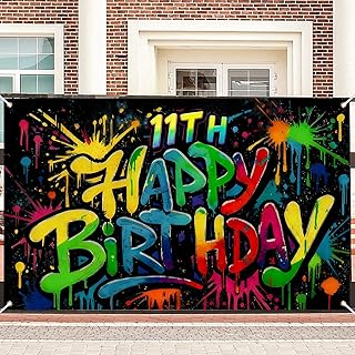 Nuxovilar 11th Birthday Banner Polyester Graffiti Backdrop Decor 71"x43 | Happy Birthday Banner Splatter Sign, Street Hanger, party photo background, wall hanging decor, yard lawn porch