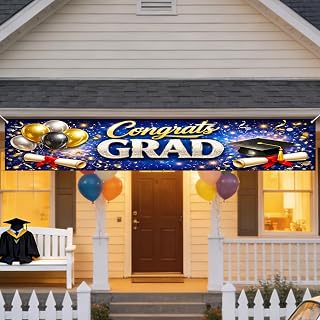 Nuxovilar Congratulations Backdrop Blue & Silver Polyester 118.11&times;19.69 inches Congrats Decorations Festive Supplies Grad Parties Indoor Events Photo Settings