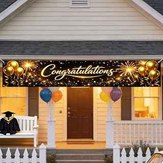 Nuxovilar Congratulations Backdrop Happy Graduation Banner Gold Glitter Polyester 118.11&times;19.69 inches Congrats Decorations Festive Supplies Grad Ceremonies Home Parties Photo Booths