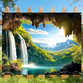 Nuxovilar Spring Cave Waterfall Mountain Backdrop 91x71in Polyester | Nature Theme Decor, Landscape Photo Backdrop. Cave Waterfall Banner. Studio, Room, Patio. (Waterfall Pattern)
