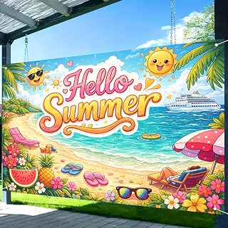 Nuxovilar Summer Beach Backdrop Banner 71" L x 43" W Polyester | luau decor, coastal accent; seaside photo prop, floral wall decor; patio gathering, yard event, outdoor party (2D beach print