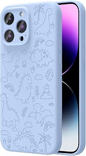 OAOA Magnetic Engraved Case Compatible with iPhone 15 Pro Max Case, Compatible with Magsafe, Camera All-Round Protection, Slim Liquid Silicone Phone Case for Women Girls, Baby Blue Dinosaur Land