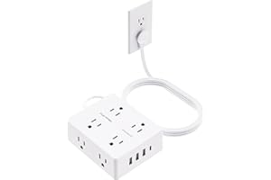 Olcorife Flat Plug Power Strip with 10 FT Extension Cord, 8 Outlets 4 USB Ports(1 USB C), 3 Sided Outlet Extender for Home Office Travel Dorm Room Essentials, White