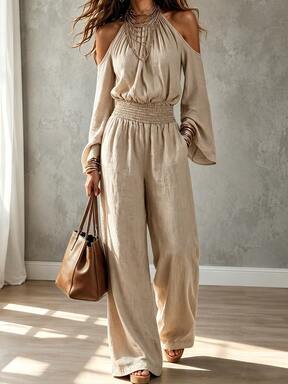Omancia Women's Solid Color Ruched Cold Shoulder Casual Daily Wear Jumpsuit Fall/Winter  #WarmToneLayered