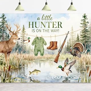 Omifly Hunting Baby Shower 8Wx6H Backdrop for Photography Boys Kids Hunt A Little Hunter is On The Way Mallard Duck Gun Background Party Decorations Cake Table Banner Decor Photo Booth Studio Prop