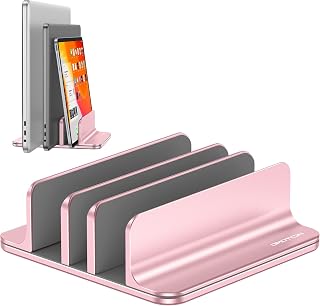 OMOTON 3-Slot Multiple Vertical Laptop Stand, Fits MacBook, Rosegold | Adjustable Width 0-1.38", Aluminum Office Space-Saving for Desk, Fits MacBook/Book/iPad Up to 17.3in