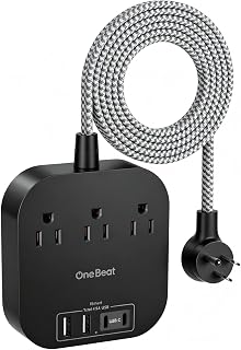 One Beat Power Strip with USB C, 3 Outlets 4 USB Ports, 6ft Short Braided Extension Cord, 22.5W Desktop Charging Station, Flat Plug, Non Surge Protector, Cruise Ship Travel Compact, ETL Listed, Black