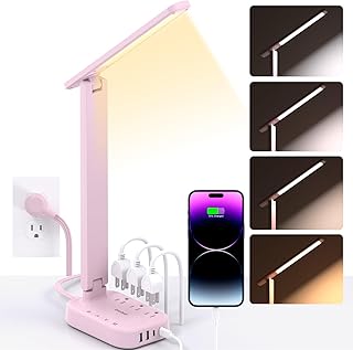 One Beat Small LED Desk Lamp Power Strip 5ft Extension Cord with 3 Outlets 4 USB Ports(2 USB C), 4 Modes, 5 Level Touch Lamp Study Reading Light, Home Office Bedroom College Dorm Room Essentials, Pink