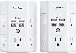 One Beat Surge Protector Wall Outlet Extender, 2 Pack 5 Outlets & 4 USB Ports (2 USB-C), 1680J, 3-Sided Multi Plug Outlet Adapter, Outlet Splitter, Wall Mount, ETL Listed for Home Office Travel-White