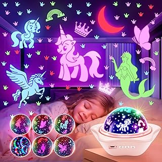 One Fire Girls Toys for Girl Gifts, 6 Films Light Projector Unicorn Toys for Girls Age 4-6, Rechargeable Night Lights for Bedroom, 360&deg; Rotating Decor Mermaid Gifts Princess Baby Toddler Toys