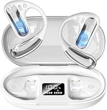 Open Ear Headphones, Bluetooth 5.4 Wireless Earbuds with Ear Hooks, 60H Playtime, AI Clear Call, LED Display Charging Case, IPX7 Waterproof Sports Earphones for Running Workouts Commute, White