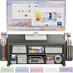 OPNICE Desk Organizer and Accessories, 2-Tier Computer Monitor Stand Riser with Drawer and 2 Pen Holders, Laptop Stand, Office Desk Accessories for Office Supplies, Black Double-Drawer & Dual Pen Holders