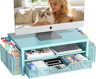 OPNICE Desk Organizers and Accessories, Computer Monitor Stand Riser with Drawer and 2 Pen Holders, Printer & Laptop Stand, Office Desk Accessories & Workspace Organizers for Home Office Supplies, Soft Blue