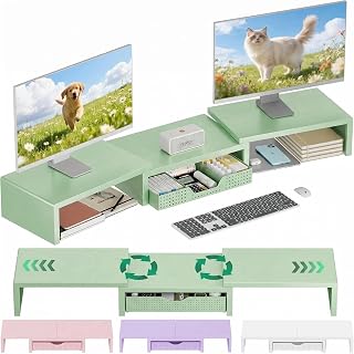 OPNICE Dual Computer Monitor Stand Riser, Desk Organizer with Drawer, Office Desk Accessories & Workspace Organizers for Home Office Supplies, Green