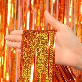 Orange Foil Fringe Curtain Backdrop 3 Pack, 3.2 x 8.2 FT Party Decorations | Basketball Party, Graduation Decorations, Reusable Decorations, Birthday Party, Easy Installation