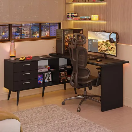 Ordenador Desk L Table Gamer 3 Gav Lisboa Madesa P, Color Negro