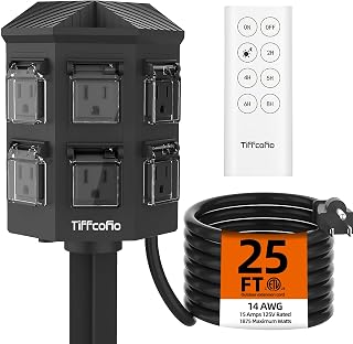 Outdoor Power Strip with 90FT Extension Cord, 100FT Remote Control, Dusk to Dawn Light Timer Waterproof, 6 Grounded Outlets for Yard, Pool and Garden, ETL Listed (25 FT)